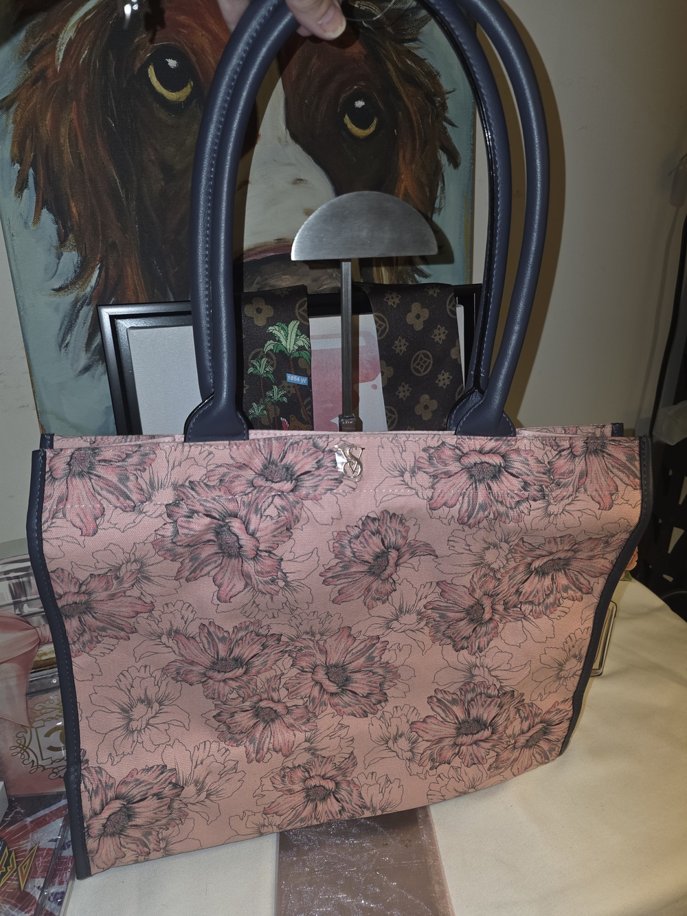 Victoria's Secret Pink Floral Tote with Grey Trim